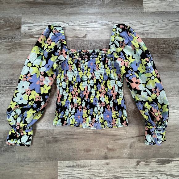 Free People Floral Smocked Puff Sleeve Top Multicolor Boho M - Picture 3 of 9